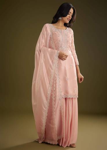 Light Peach Tissue Cut Dana Beads Kurta Set With Embroidered Dupatta