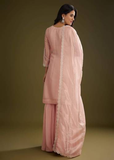 Light Peach Tissue Cut Dana Beads Kurta Set With Embroidered Dupatta