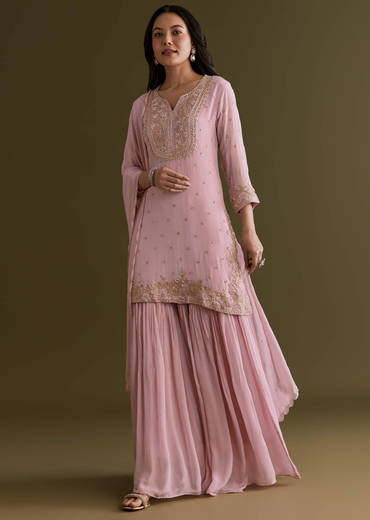 Light Pink Chinon Sharara Suit With Zardosi Embroidered Dupatta