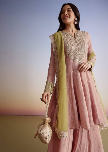Light Pink Crush Tissue Sharara Suit With Zari Sequins