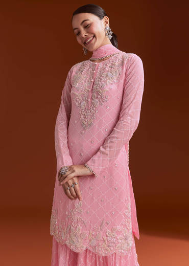 Light Pink Chinon Sharara Set With Cutdana And Sequins