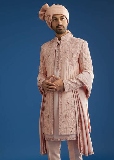Light Pink Raw Silk Sherwani Set With Hand Work In Chanderi And Dola Silk