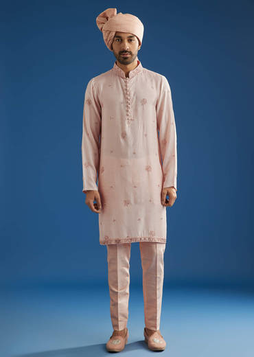 Light Pink Raw Silk Sherwani Set With Hand Work In Chanderi And Dola Silk