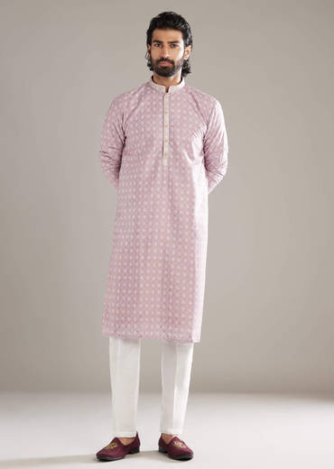 Light Pink Silk Kurta Set For Men With Floral Print