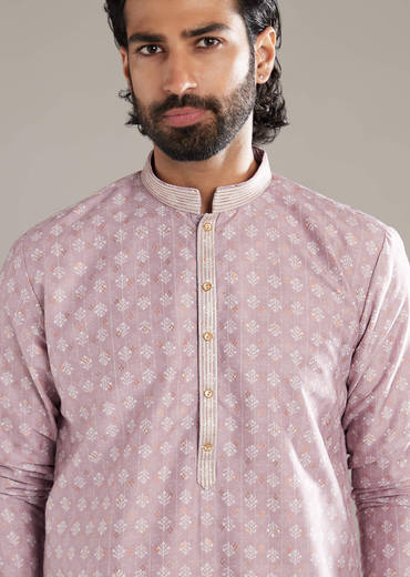 Light Pink Silk Kurta Set For Men With Floral Print