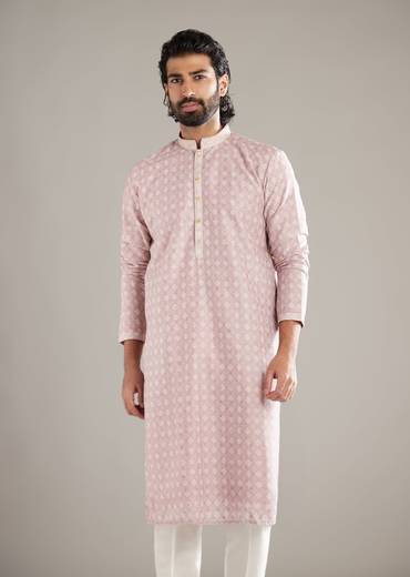 Light Pink Silk Kurta Set For Men With Floral Print