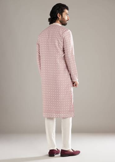 Light Pink Silk Kurta Set For Men With Floral Print