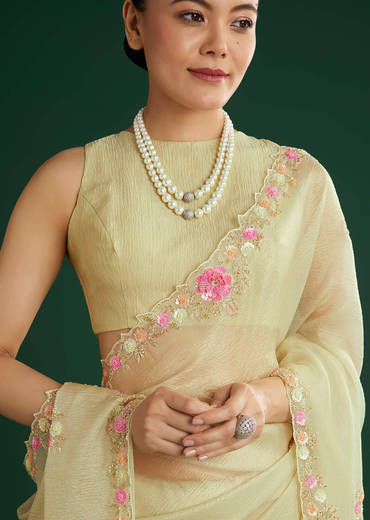 Light Pista Crushed Tissue Saree With Floral Embroidery