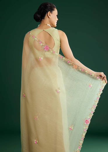 Light Pista Crushed Tissue Saree With Floral Embroidery