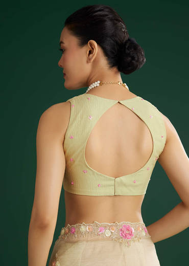 Light Pista Crushed Tissue Saree With Floral Embroidery