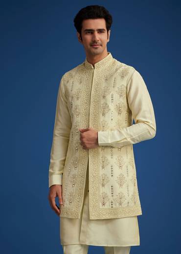 Light Pista Silk Kurta Set With Thread And Mirror Work Jacket