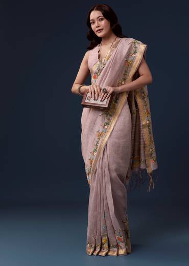 Light Purple Linen Saree With Resham Thread And Golden Border Embroidery
