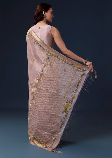 Light Purple Linen Saree With Resham Thread And Golden Border Embroidery