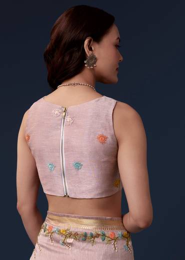 Light Purple Linen Saree With Resham Thread And Golden Border Embroidery