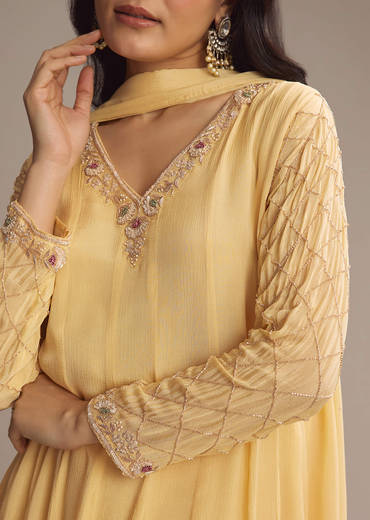 Light Yellow Chinon Anarkali Suit With Cutdana And Sequins Work