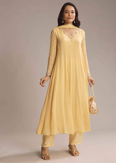 Light Yellow Chinon Anarkali Suit With Cutdana And Sequins Work