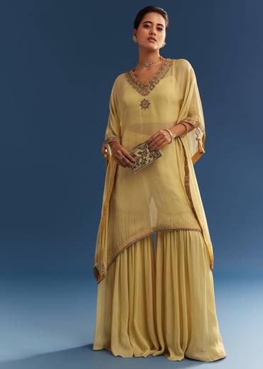 Light Yellow Embroidered Kaftan Sharara Set In Organza