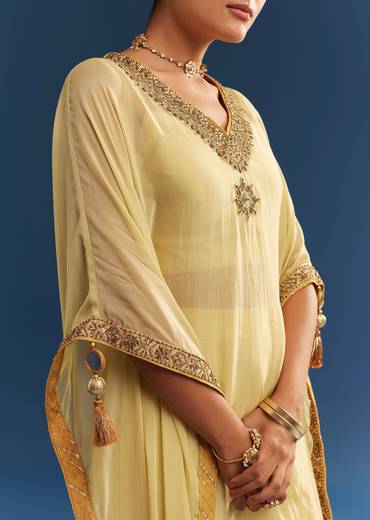 Light Yellow Embroidered Kaftan Sharara Set In Organza