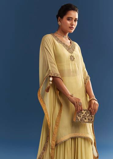 Light Yellow Embroidered Kaftan Sharara Set In Organza