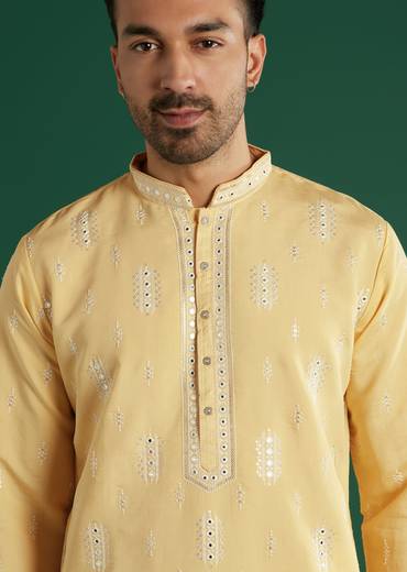 Light Yellow Silk Kurta Set For Men With Mirror And Resham Embroidery