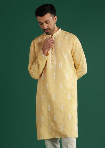 Light Yellow Silk Kurta Set For Men With Mirror And Resham Embroidery