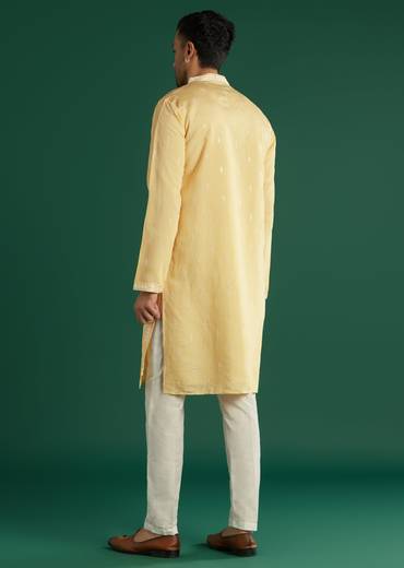 Light Yellow Silk Kurta Set For Men With Mirror And Resham Embroidery