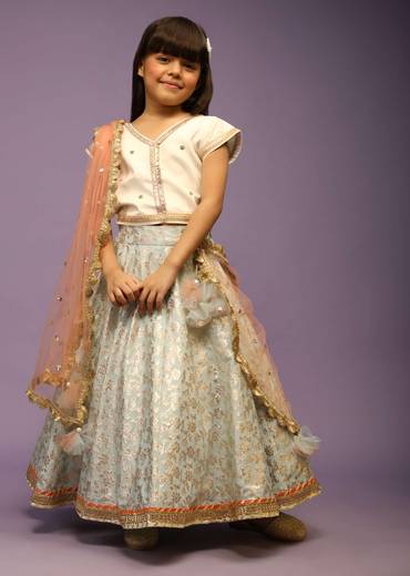 Kalki Girls Light Blue Lehenga In Brocade Silk With Weaved Floral Jaal And Off White Choli