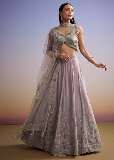 Lilac Chinon Lehenga Set With Beaded And Cut Dana Work