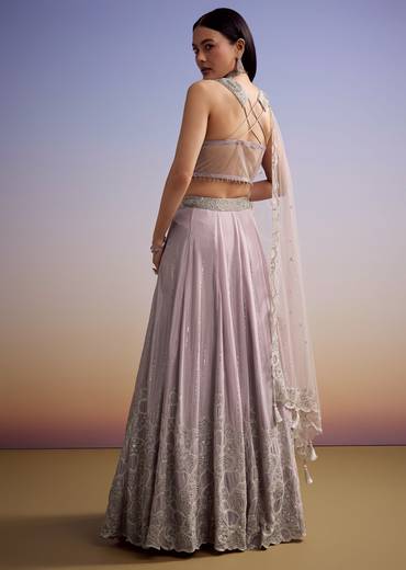 Lilac Chinon Lehenga Set With Beaded And Cut Dana Work