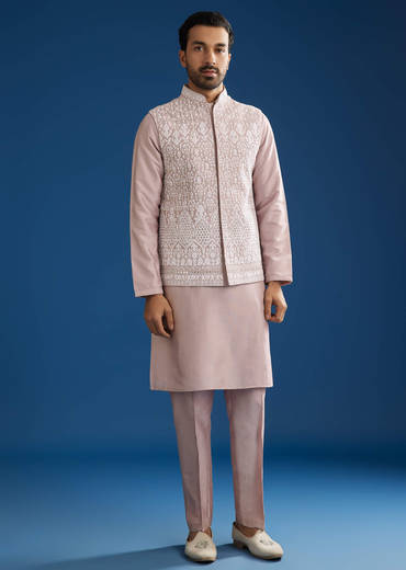 Lilac Cotton Silk Jacket Kurta Set With Mirror And Dori Embroidery