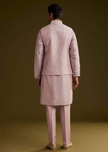 Lilac Cotton Silk Kurta Set With Mirror Threadwork Jacket