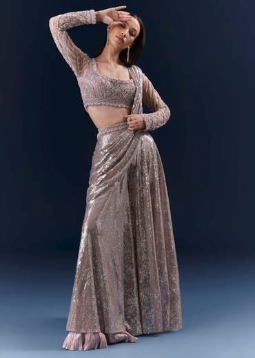 Lilac  Imported Sequins Crop Top And Palazzo Pants With Attached Dupatta