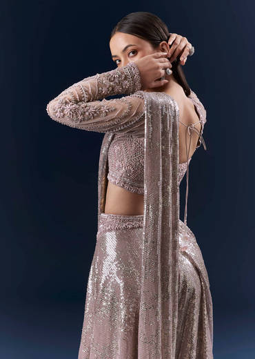 Lilac  Imported Sequins Crop Top And Palazzo Pants With Attached Dupatta