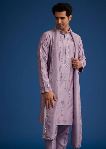 Lilac Kurta Set With Resham Mirror And Zari Embroidery