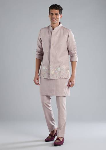 Lilac Linen Kurta Jacket Set With Thread Resham Work