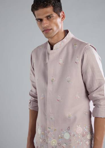 Lilac Linen Kurta Jacket Set With Thread Resham Work