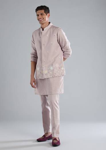 Lilac Linen Kurta Jacket Set With Thread Resham Work