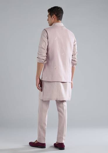 Lilac Linen Kurta Jacket Set With Thread Resham Work
