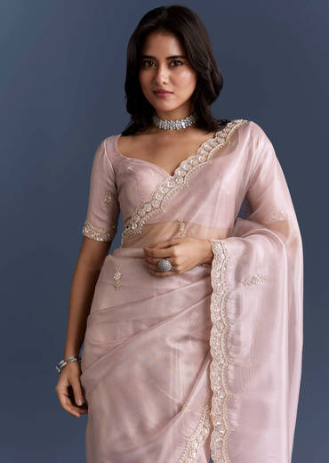Lilac Net Saree With Heavy Hand Embroidery