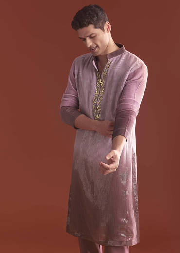 Lilac Ombre Kurta Set For Men With Sequins Embroidery
