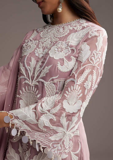 Lilac Purple Organza Kurta Set With Thread And Moti Work