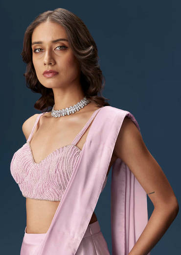 Lilac Ready Pleated Saree With Embellished Blouse And Belt