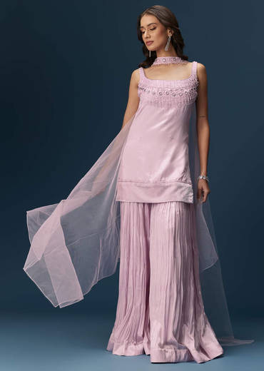 Lilac Sharara Suit With Choker And Ruched Sharara