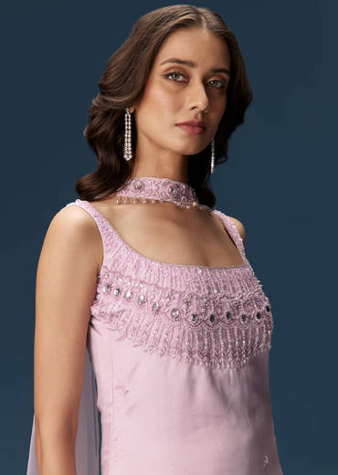 Lilac Sharara Suit With Choker And Ruched Sharara