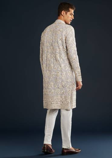 Lilac Silk Mens Kurta Set with Resham Sequin Work