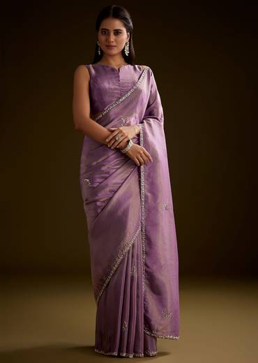 Lilac Tissue Saree With Cutdana Embroidery And Scallop Border