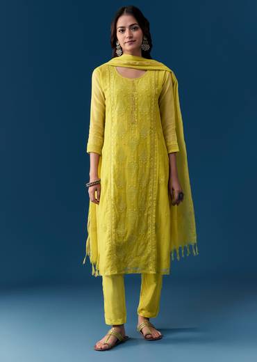 Lime Cotton Kurta Set With Thread Work