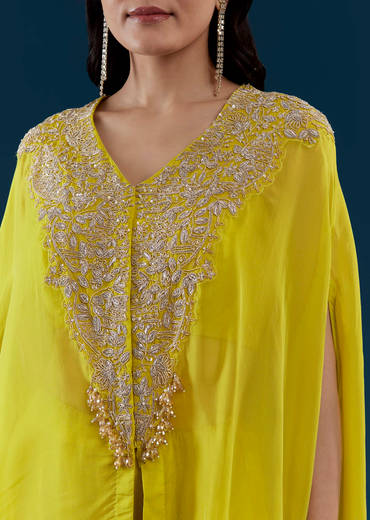 Lime Green Cape Top and Dhoti Set with Zardozi Work