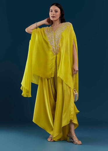 Lime Green Cape Top and Dhoti Set with Zardozi Work