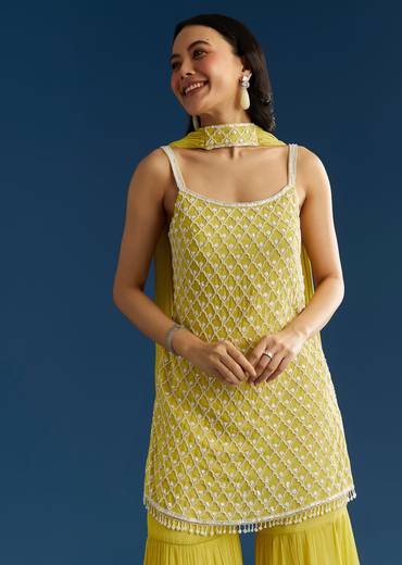 Lime Green Chinon Kurta Sharara Set With Choker Dupatta